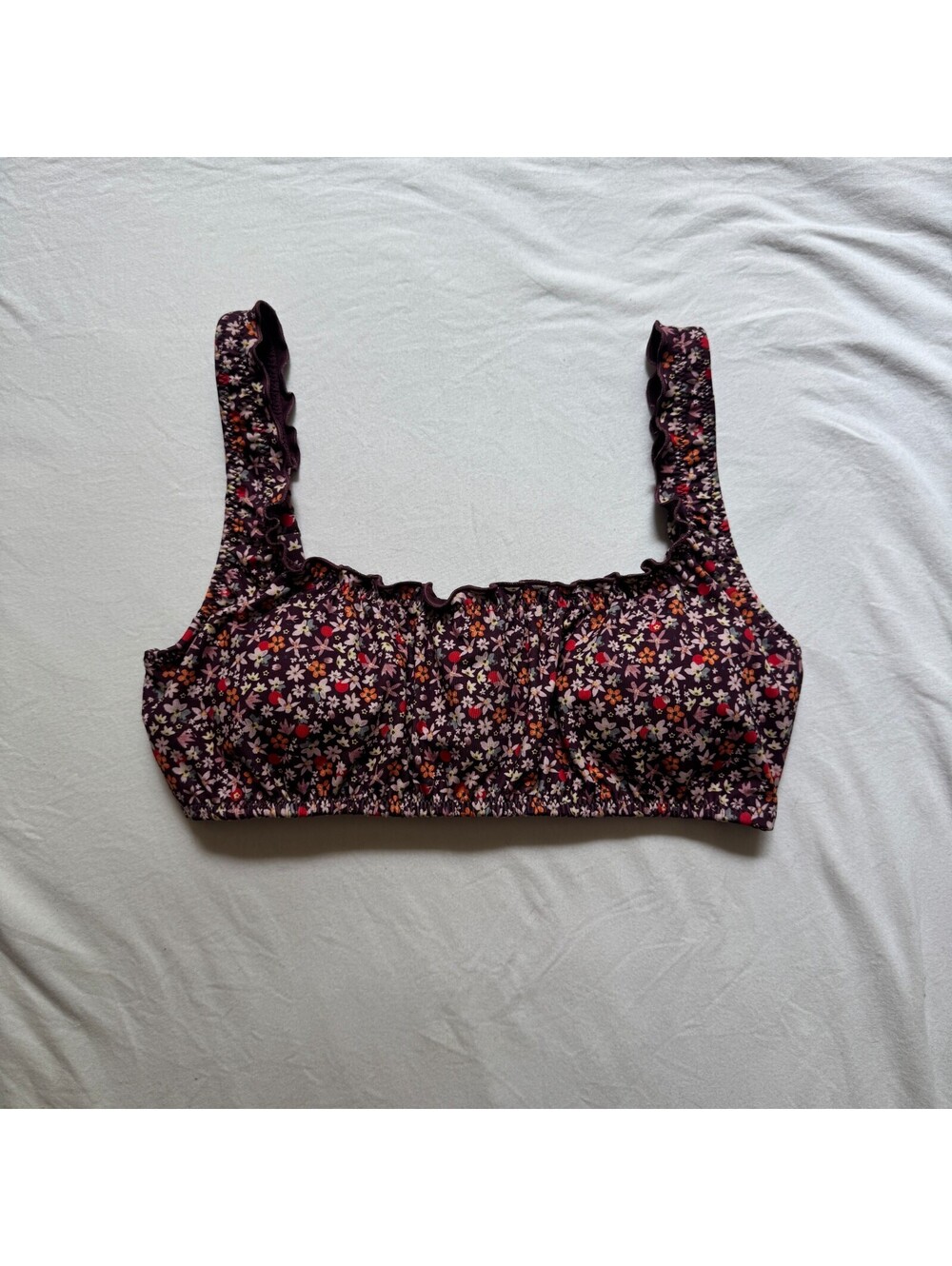 Sanctuary Purple Floral Bikini Swim Top Size Small Micro Garden Shirred Lettuce